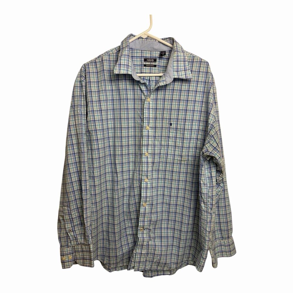 IZOD Premium Essentials Plaid Shirt Mens XL Blue Green Long Sleeve Cotton